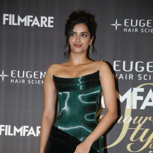 Bhagya Sri Borse Stuns in Metallic Green and Black Velvet at Filmfare Event