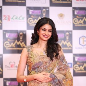 Manasa Varanasi Stuns in a Beautiful Beige Saree at GAMA Awards