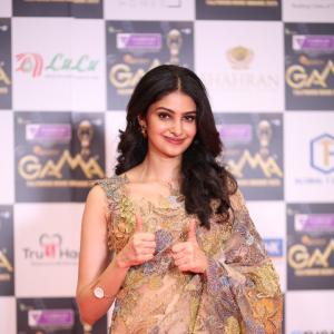 Manasa Varanasi Stuns in a Beautiful Beige Saree at GAMA Awards