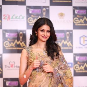 Manasa Varanasi Stuns in a Beautiful Beige Saree at GAMA Awards
