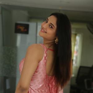 Ritika Nayak Looks Elegant in Pink Silk Saree with Golden Accessories