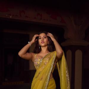 Nabha Natesh Stuns in Vibrant Yellow Saree with Designer Blouse