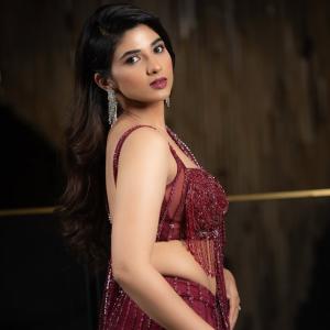 Pragya Nagra Shines in Glamorous Maroon Saree Gown