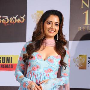 Ashika Rangnath Radiates Elegance in Blue Floral Layered Dress at Movie Event