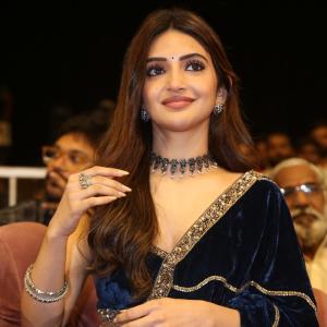 Actress Sree Leela Shines in Blue Velvet Saree with Grace and Charm