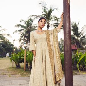 Actress Samyuktha Menon Looks Regal in Elegant Beige Traditional Ensemble