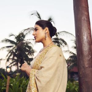 Actress Samyuktha Menon Looks Regal in Elegant Beige Traditional Ensemble