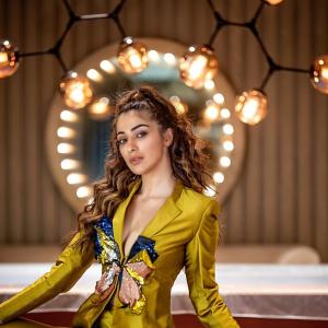 Actress Raai Laxmi Stuns in Bold Mustard Pantsuit – High Fashion Editorial Look