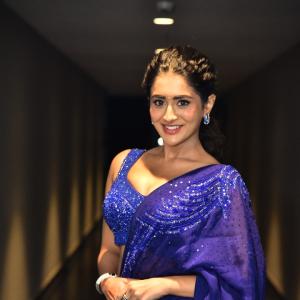 Rashi Singh Stuns in Sequined Blue Saree