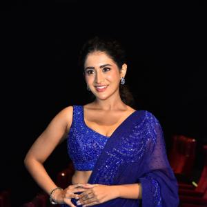 Rashi Singh Stuns in Sequined Blue Saree