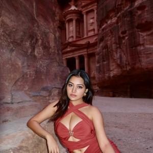Simran Kaur Stuns in Elegant Red Dress Photoshoot Amid Scenic Rocky Canyon