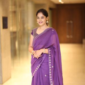 Bindhu Madhavi Elegant Look in Purple Saree | Traditional Indoor Portrait