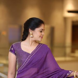 Bindhu Madhavi Elegant Look in Purple Saree | Traditional Indoor Portrait