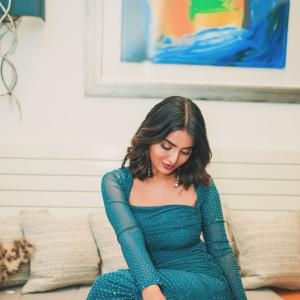 Ananya Nagalla–Inspired Elegant Indoor Fashion Portrait in Teal Blue