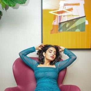 Ananya Nagalla–Inspired Elegant Indoor Fashion Portrait in Teal Blue