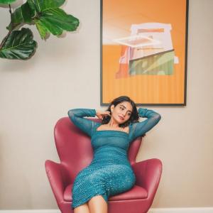 Ananya Nagalla–Inspired Elegant Indoor Fashion Portrait in Teal Blue