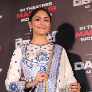 Mrunal Thakur Looks Elegant in Cream and Blue Anarkali at Film Event