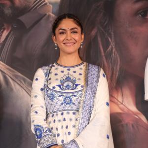 Mrunal Thakur Looks Elegant in Cream and Blue Anarkali at Film Event