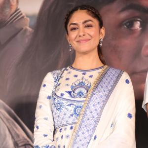 Mrunal Thakur Looks Elegant in Cream and Blue Anarkali at Film Event