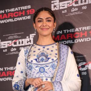 Mrunal Thakur Looks Elegant in Cream and Blue Anarkali at Film Event