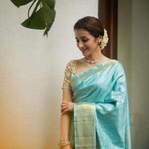 Trisha Stuns in Elegant Turquoise Blue Saree Look
