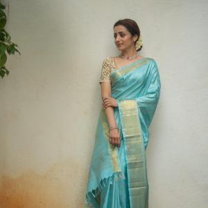 Trisha Stuns in Elegant Turquoise Blue Saree Look