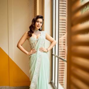Rashi Khanna in Elegant Mint Green Saree with White Embroidery