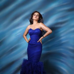 Niddhi Agerwal in Royal Blue Strapless Gown