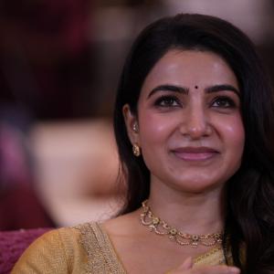 Samantha shines in yellow saree at Maa Inti Bangaram prerelease event