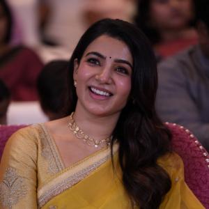 Samantha shines in yellow saree at Maa Inti Bangaram prerelease event
