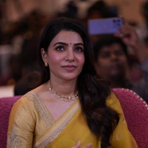 Samantha shines in yellow saree at Maa Inti Bangaram prerelease event