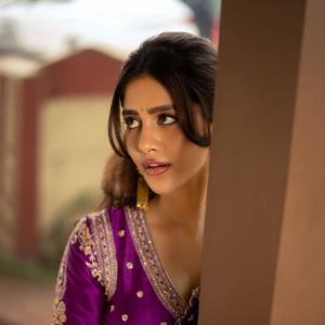 Nabha Natesh Fashion Editorial Saree Look in Purple Outfit