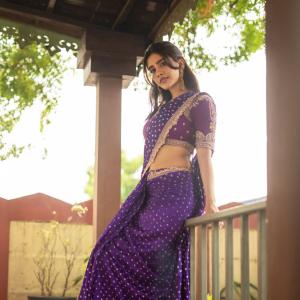 Nabha Natesh Fashion Editorial Saree Look in Purple Outfit