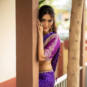 Nabha Natesh Fashion Editorial Saree Look in Purple Outfit