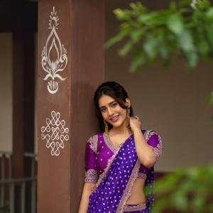 Nabha Natesh Fashion Editorial Saree Look in Purple Outfit