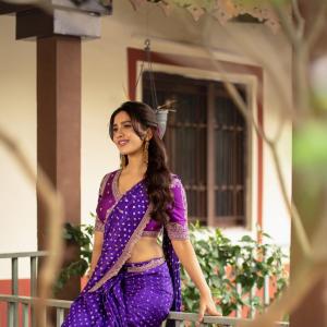 Nabha Natesh Fashion Editorial Saree Look in Purple Outfit