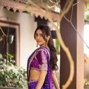 Nabha Natesh Fashion Editorial Saree Look in Purple Outfit