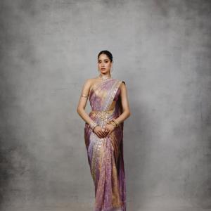 Janhvi Kapoor Stuns in Lavender and Gold Silk Saree Look