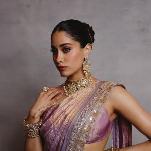 Janhvi Kapoor Stuns in Lavender and Gold Silk Saree Look