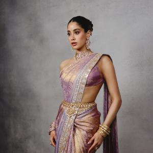 Janhvi Kapoor Stuns in Lavender and Gold Silk Saree Look
