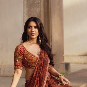 Actress Nabha Natesh Shines in a Rust Orange Printed Saree