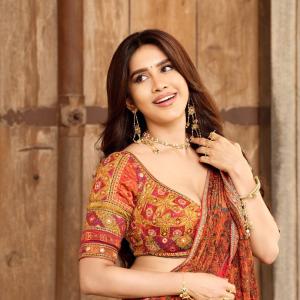 Actress Nabha Natesh Shines in a Rust Orange Printed Saree