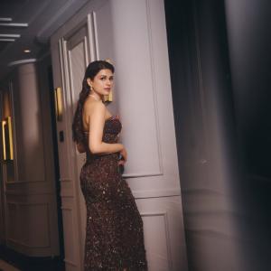 Shraddha Das Stuns in a Dark Maroon Embellished Gown
