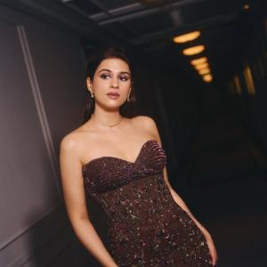 Shraddha Das Stuns in a Dark Maroon Embellished Gown