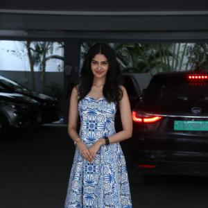 Actress Manasa Varanasi Shines in a Blue and White Printed Dress