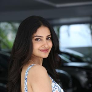 Actress Manasa Varanasi Shines in a Blue and White Printed Dress