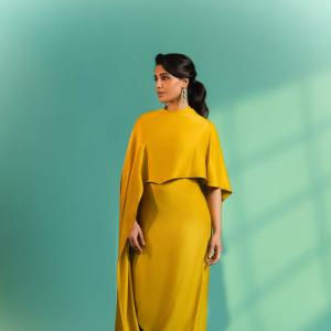 Actress Samantha Ruth Prabhu Stuns in Mustard Yellow Draped Gown