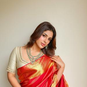 Samyukta Menon Stuns in Red and Gold Silk Saree