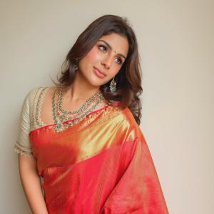 Samyukta Menon Stuns in Red and Gold Silk Saree