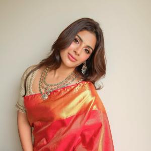 Samyukta Menon Stuns in Red and Gold Silk Saree